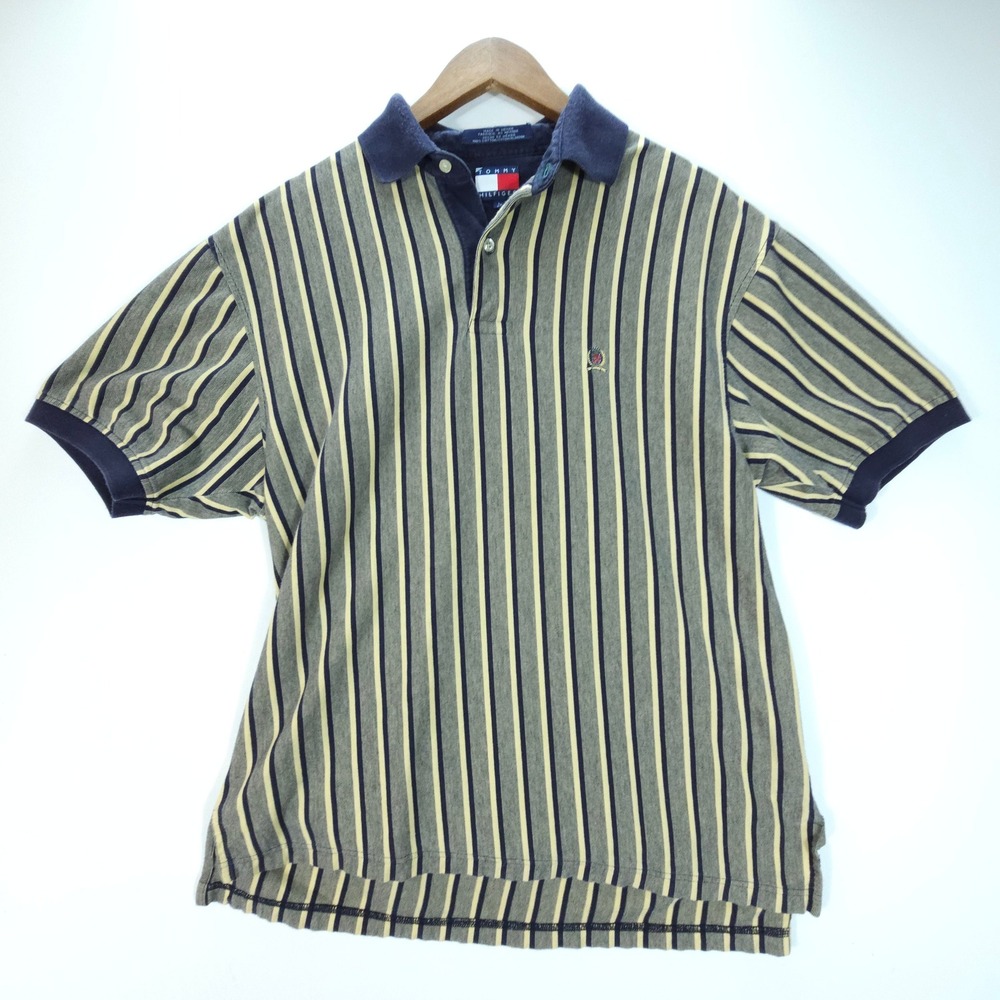 Vintage Tommy Hilfiger Men Large Grey Yellow Striped Crest Logo Polo Shirt Skate